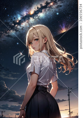 Rear view of a young woman looking back at herself with the Milky Way in the background "AI generated image" Rear view of a young woman looking back at herself with the Milky Way in the background "AI generated image" 106556734