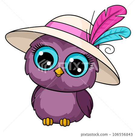 Cute owl in lady hat. Funny cartoon character 106556843