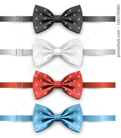 Vector 3d Realistic Blue, Black, Red, White Polka Dot Bow Tie Icon Set Closeup Isolated. Silk Glossy Bowtie, Tie Gentleman. Mockup, Design Template. Bow tie for Man. Mens Fashion, Fathers Day Holiday 106556960