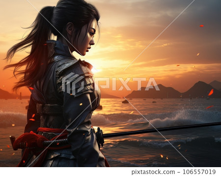 Portrait of beautiful epic warrior woman at sunset AI Portrait of beautiful epic warrior woman at sunset AI 106557019