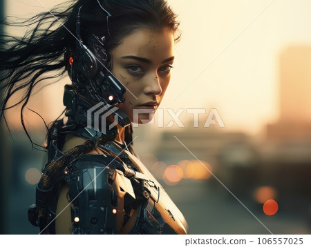 Portrait of beautiful epic warrior woman cyberpunk ninja at sunset AI Portrait of beautiful epic warrior woman cyberpunk ninja at sunset AI 106557025