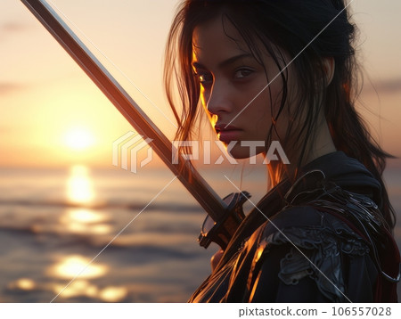 Woman warrior silhouette with samurai sword at fiery sunset in Asian style AI Woman warrior silhouette with samurai sword at fiery sunset in Asian style AI 106557028