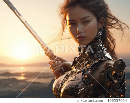 Portrait of beautiful epic warrior woman cyberpunk ninja at sunset AI 106557034