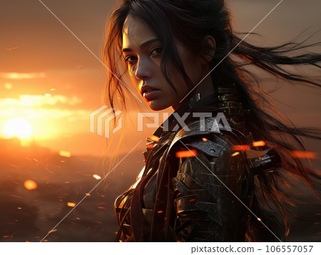 Portrait of beautiful epic warrior woman cyberpunk ninja at sunset AI Portrait of beautiful epic warrior woman cyberpunk ninja at sunset AI 106557057