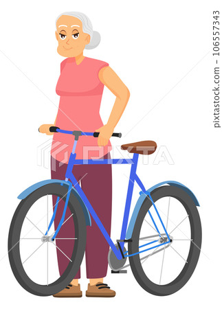 Old woman with bicycle. Happy retired person Old woman with bicycle. Happy retired person 106557343