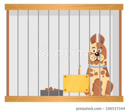Homeless animal shelter cage with sad cartoon dog 106557344