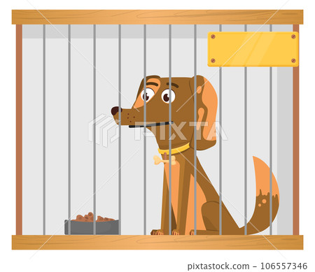 Homeless puppy in metal cage. Cartoon dog shelter Homeless puppy in metal cage. Cartoon dog shelter 106557346