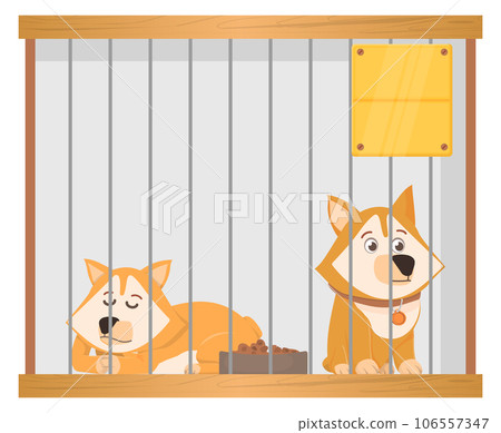 Sad corgis in shelter cage. Cartoon homeless dogs Sad corgis in shelter cage. Cartoon homeless dogs 106557347