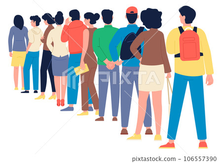 People standing in queue back view. Waiting line 106557390