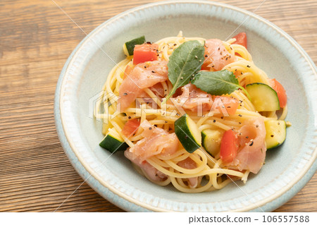 Cold pasta of raw ham and tomato Cold pasta of raw ham and tomato 106557588