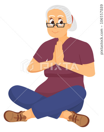 Old woman in yoga lotus pose. Calm senior 106557889
