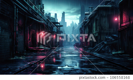 Cyberpunk streets, futuristic city, wallpaper, rain, foggy, dystopia, moody  empty future, art illustration Stock Illustration