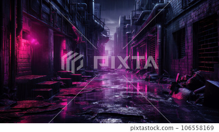 Cyberpunk streets illustration, futuristic city, dystoptic artwork at  night, 4k wallpaper. Rain foggy, moody empty future Stock Illustration