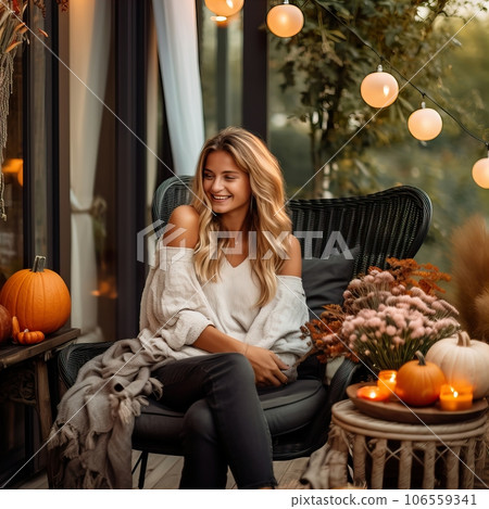 Young pretty lady relaxing on her fall decorated balcony, beautiful woman sitting on her balcony, autumn decor with pumpkins and candles 106559341
