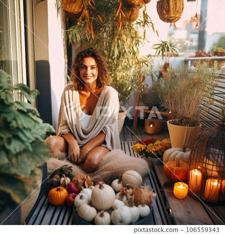 Young pretty lady relaxing on her fall decorated balcony, beautiful woman sitting on her balcony, autumn decor with pumpkins and candles 106559343