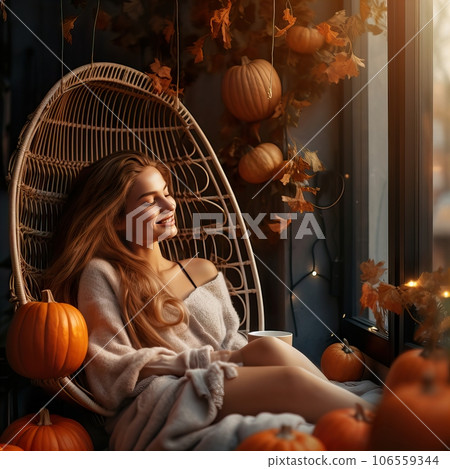 Young pretty lady relaxing on her fall decorated balcony, beautiful woman sitting on her balcony, autumn decor with pumpkins and candles 106559344