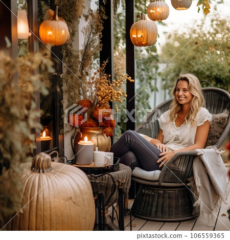 Young pretty lady relaxing on her fall decorated balcony, beautiful woman sitting on her balcony, autumn decor with pumpkins and candles 106559365
