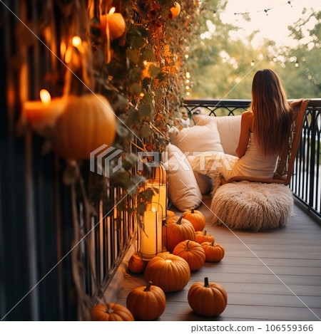 Young pretty lady relaxing on her fall decorated balcony, beautiful woman sitting on her balcony, autumn decor with pumpkins and candles 106559366