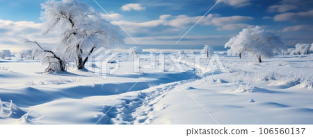 winter serene plain, snow-covered trees standing around. winter serene plain, snow-covered trees standing around. 106560137