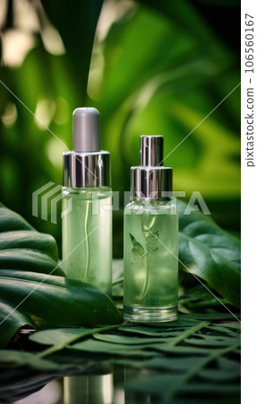 transparent bottles of a cosmetic product on green leaves transparent bottles of a cosmetic product on green leaves 106560167