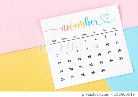 The November 2023 Monthly calendar on colorful background. The November 2023 Monthly calendar on colorful background. 106560519