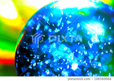 一幅色彩繽紛的宇宙圖像,彩虹色的背景上有一個閃閃發光的藍色行星狀球體。 一幅色彩繽紛的宇宙圖像,彩虹色的背景上有一個閃閃發光的藍色行星狀球體。 106560668