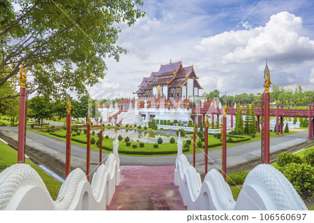 The Royal Pavilion (Ho Kum Luang) Lanna style pavilion in Royal Flora Rajapruek Park botanical garden, Chiang Mai, Thailand. 106560697