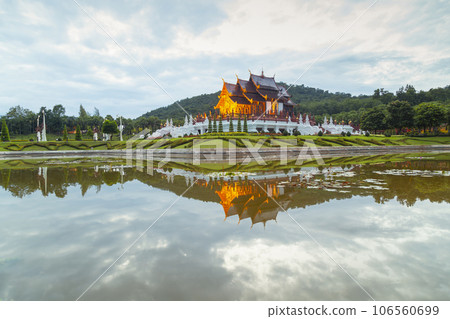 The Royal Pavilion (Ho Kum Luang) Lanna style pavilion in Royal Flora Rajapruek Park botanical garden, Chiang Mai, Thailand. 106560699