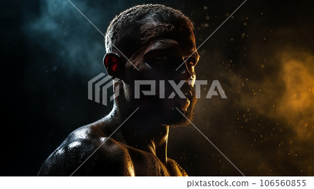 Dramatic portrait of Athletic man on dark background. Martial arts athlete, AI Dramatic portrait of Athletic man on dark background. Martial arts athlete, AI 106560855