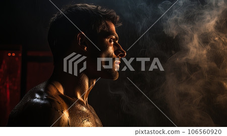 Dramatic portrait of Athletic man on dark background. Martial arts athlete, AI Dramatic portrait of Athletic man on dark background. Martial arts athlete, AI 106560920