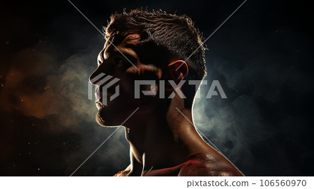 Dramatic portrait of Athletic man on dark background. Martial arts athlete, AI Dramatic portrait of Athletic man on dark background. Martial arts athlete, AI 106560970