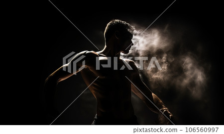 Dramatic portrait of Athletic man on dark background. Martial arts athlete, AI 106560997