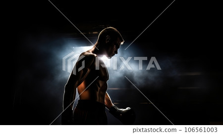 Dramatic portrait of Athletic man on dark background. Martial arts athlete, AI Dramatic portrait of Athletic man on dark background. Martial arts athlete, AI 106561003