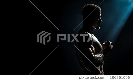 Dramatic portrait of Athletic man on dark background. Martial arts athlete, AI Dramatic portrait of Athletic man on dark background. Martial arts athlete, AI 106561006