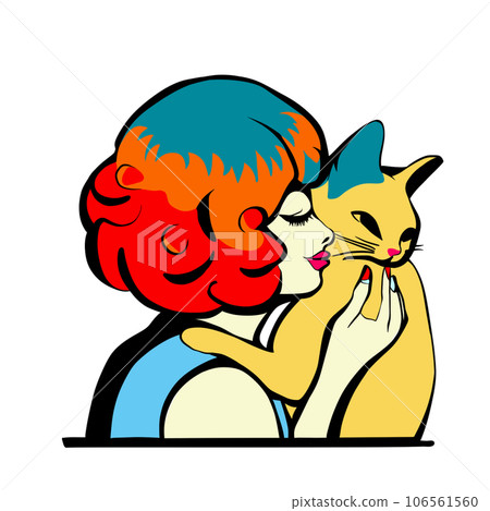 Illustration of a Girl Kissing a Cat 106561560