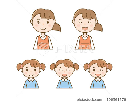 穿著圍裙微笑的女幼兒園老師和幼兒園 child_girl 的 5 個姿勢 穿著圍裙微笑的女幼兒園老師和幼兒園 child_girl 的 5 個姿勢 106561576