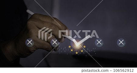 Show hand check mark icon.Customer service, service mind,service rating.Photo concept of satisfaction survey and smiling face icons time. Show hand check mark icon.Customer service, service mind,service rating.Photo concept of satisfaction survey and smiling face icons time. 106562912