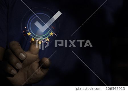 Show hand check mark icon.Customer service, service mind,service rating.Photo concept of satisfaction survey and smiling face icons time. Show hand check mark icon.Customer service, service mind,service rating.Photo concept of satisfaction survey and smiling face icons time. 106562913