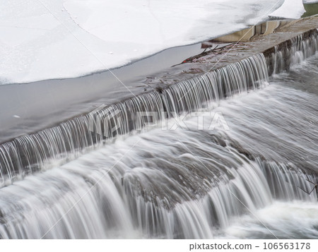 A small flat cascade in a calm river A small flat cascade in a calm river 106563178