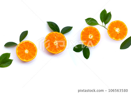 Orange fruits on white background. Citrus fruits low in calories, high in vitamin C and fiber Orange fruits on white background. Citrus fruits low in calories, high in vitamin C and fiber 106563580