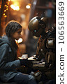 Girl talking with a robot 106563669