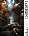 Girl talking with a robot 106563671