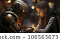 Girl talking with a robot 106563673