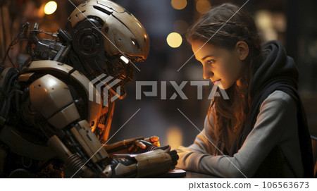 Girl talking with a robot Girl talking with a robot 106563673