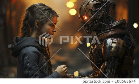 Girl talking with a robot Girl talking with a robot 106563674