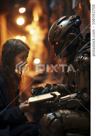 Girl talking with a robot 106563708