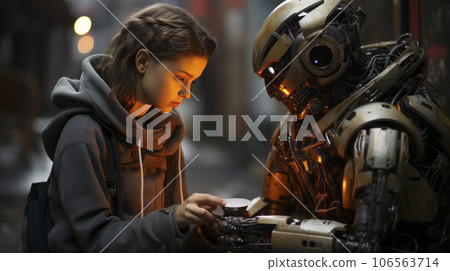 Girl talking with a robot Girl talking with a robot 106563714
