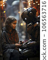 Girl talking with a robot 106563716