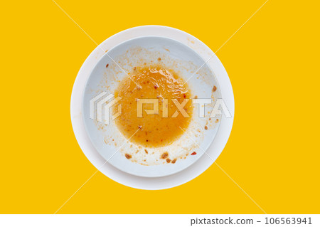 Dirty dishes on yellow background. Top view Dirty dishes on yellow background. Top view 106563941