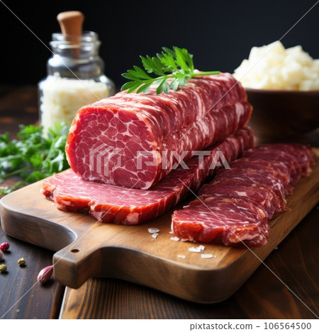 Beef jerky meat slices on a cutting board  106564500